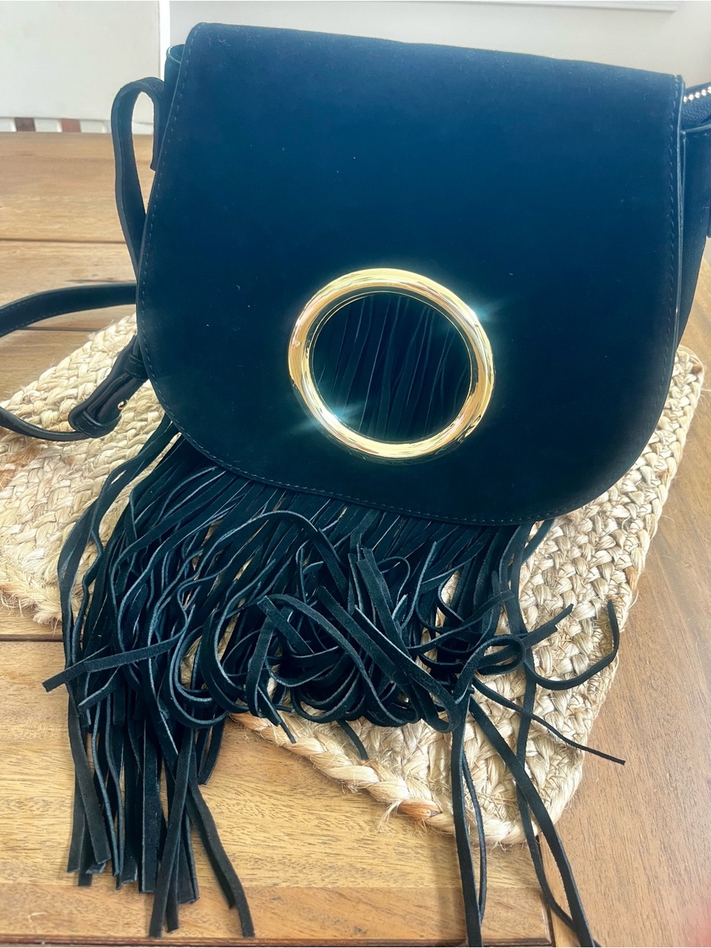 Black Fringe Crossbody Bag with Gold Ring Accent by INZI - Picture 9 of 11